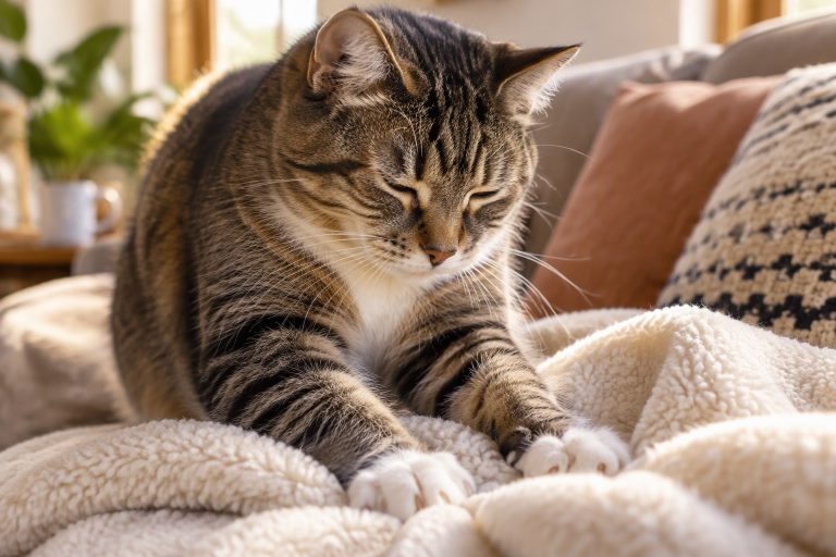 A cat kneading a soft cream blanket on a sofa