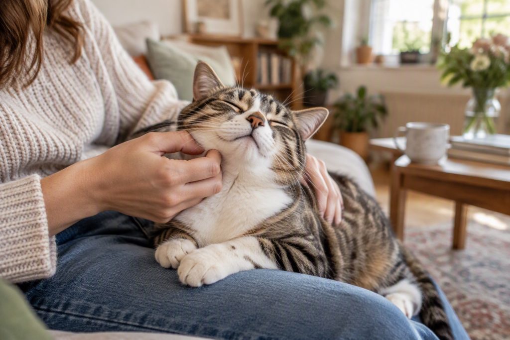 A content cat being stroked on a lap